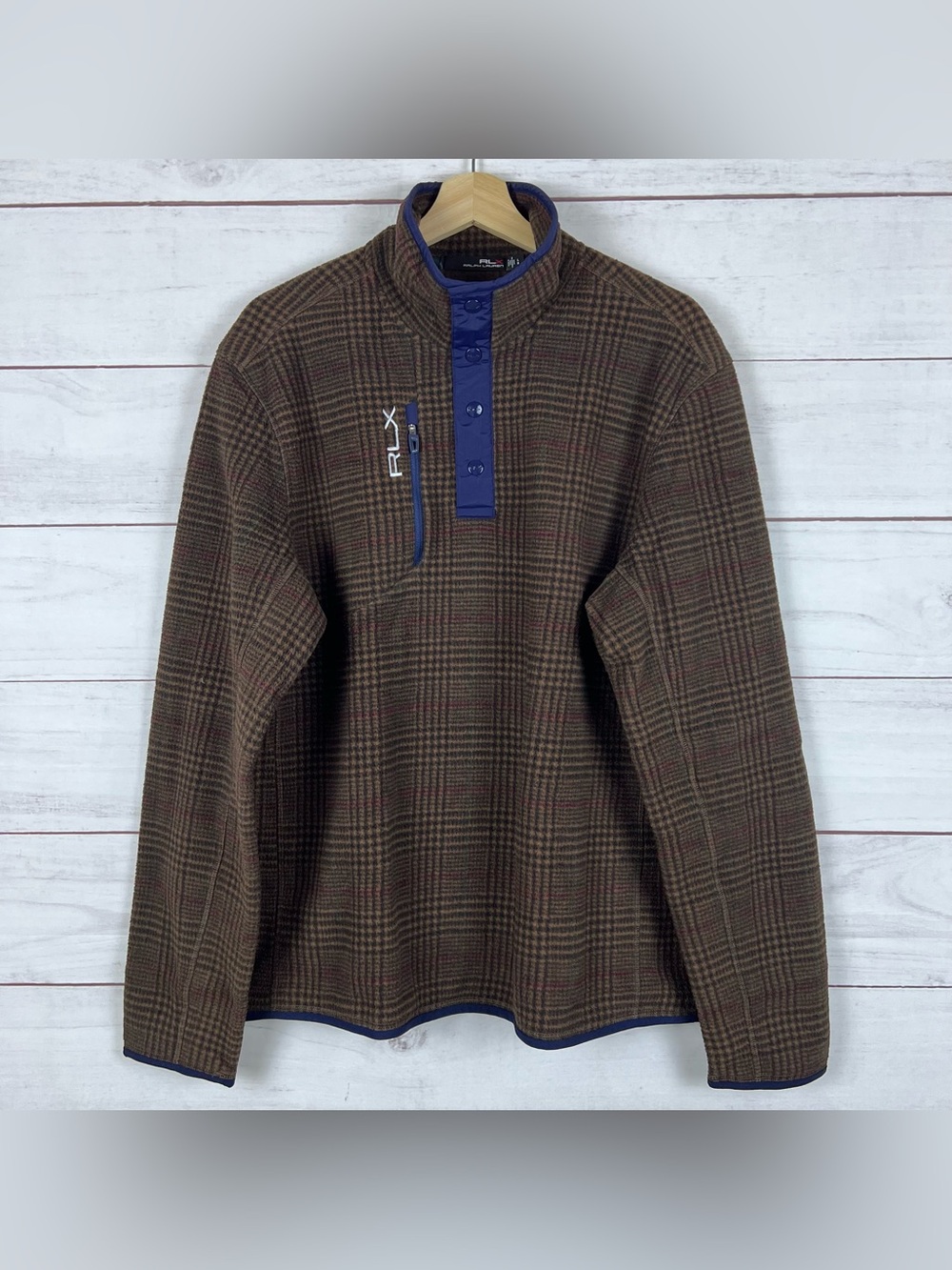RLX Ralph Lauren Mens Fleece Pullover Mens Large Plaid Houndstooth 1/4 Snap